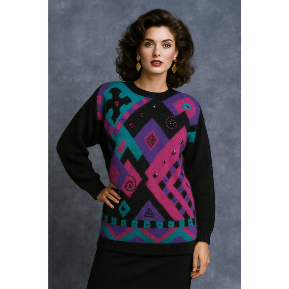 Vtg Retro I.B. Diffusion Artsy Embellished Jeweled Geometric Sweater Size Small - Picture 1 of 12